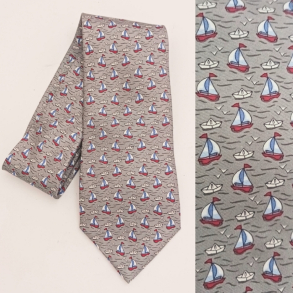 NWT Brooks Brothers 346 100% Silk Tie Gray Sailboat Print Made in USA